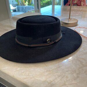 Vintage Couture Black Flat Brim Biltmore Wool Felt Boater Bolero Hat Size M USA